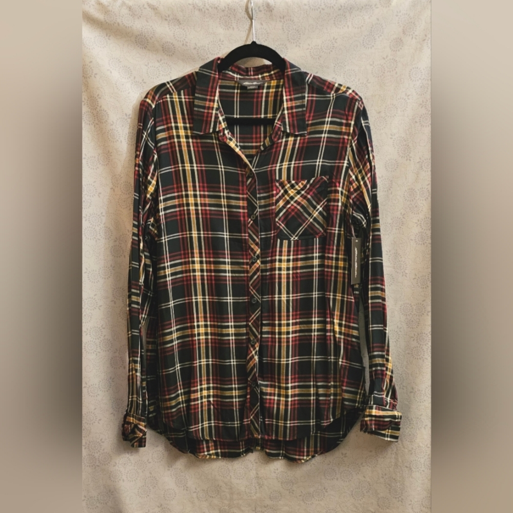 Eddie Bauer Women's Viscose Plaid Button Down Shirt Large Navy Blue Red Multi